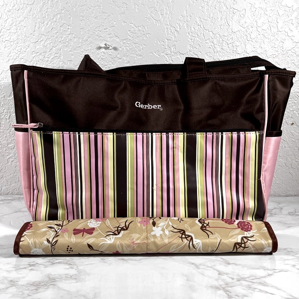 Gerber Pink and Brown Striped Diaper Bag with Changing Mat